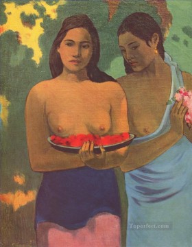 women Painting - Two Tahitian Women With Mango Flowers Paul Gauguin